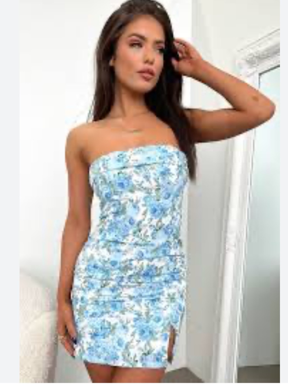 Strapless Floral Mini Dress in Blue and Green